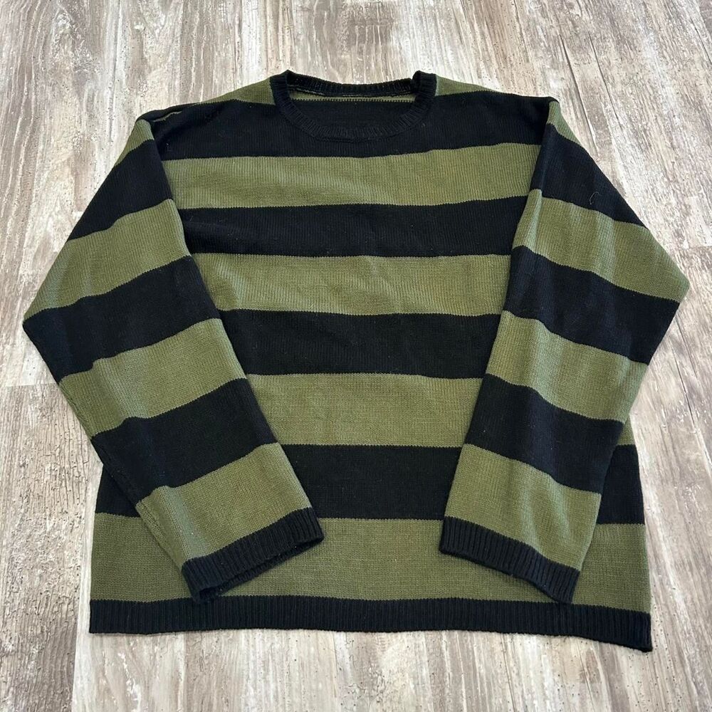 Romwe Women’s 90s grunge y2k punk black + green striped knit sweater